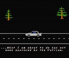 an old school computer game with a car driving down the road and trees in the background