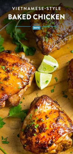 grilled chicken on a cutting board with limes and cilantro