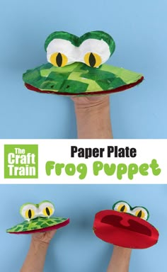 the paper plate frog puppet is being held by two hands