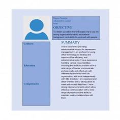 a blue and white resume with a person in the center on it's page