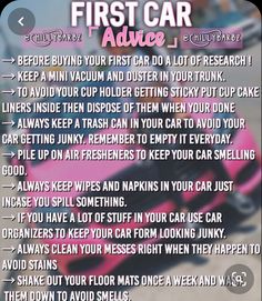 Saving For A Car Tips, Girly Cars Vehicles, Buying My First Car, 1st Car Ideas, First Car Ideas Vehicles, How To Save For A Car, First Car Essentials, First Car Tips, Adulting Tips Life Hacks