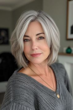 Short Bob With Bangs, Short Bobs With Bangs, Grey White Hair, Beautiful Gray Hair, Aging Hair, Gray Hair Cuts, Grey Hair Styles For Women, Natural Gray Hair