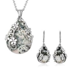 Buy Set of Dendritic Agate 92.50 ctw Floral Earrings and Pendant Necklace, White Austrian Crystal Accent Jewelry Set in Stainless Steel, Birthday Gifts For Her at ShopLC. Floral Pendant Necklace, Earring Sets, Crystal Jewelry Sets, Agate Earrings, Dendritic Agate, Floral Jewellery, Floral Earrings, Stainless Steel Earrings, Austrian Crystal