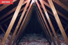 an attic with snow on the floor and red carpet in it, before and after remodeling