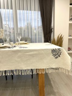 the table is covered with a white cloth