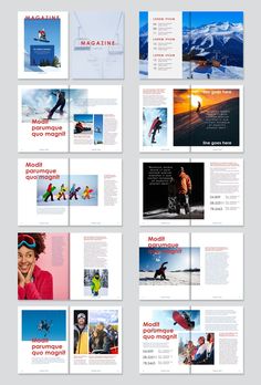 several pages with different images and text on them, all showing snowboarders in the background