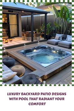 a hot tub sitting on top of a wooden deck next to a patio with lights