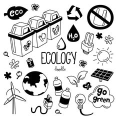 black and white illustration of eco related items with the word ecology written below it in bold font