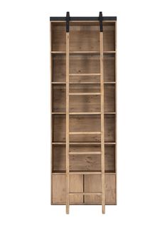 an open bookcase with drawers and sliding doors on one side, the door is closed