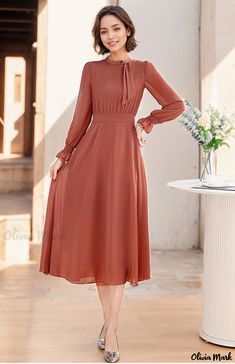 Olivia Mark - Long-sleeve Solid Color Waisted Knee-length Dress Casual Long Dress, Vacation Maxi Dress, Nails Natural, My Wedding Dress, Capsule Outfits, Half Skirt, Aline Dress, Long Dress Casual, Lovely Clothes