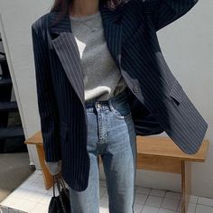 Blue Pinstripe Button Up Outfit, Striped Navy Blazer Outfit, Navy Blue Striped Blazer Outfit, Striped Jacket Outfit Blazers, Pinstripe Blazer Outfit Woman, Grey Pinstripe Blazer Outfit, Blue Striped Blazer Outfit, Navy Pinstripe Blazer Outfit Women, Pinstripes Outfit