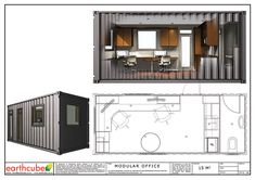 the floor plan for a shipping container with an office and kitchen area in one section