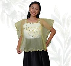 Kimona Tulle Blouse - One Size ( 5 Colors Available) Step into timeless elegance with the Kimona Tulle Blouse, a versatile and exquisite piece that embodies the grace of traditional Filipino attire with a contemporary twist. This blouse, crafted from soft, high-quality tulle, offers a lightweight and breathable feel, making it perfect for any occasion, whether you're attending a formal event or adding a touch of sophistication to your everyday look. The Kimona Tulle Blouse is designed in a one-s Kimona Filipino Top, Cropped Filipiniana, Yellow Filipiniana, Modern Filipiniana Top, Modern Filipiniana Malong, Tulle Blouse, Traditional Skirts, Tulle Fabric, Draped Fabric