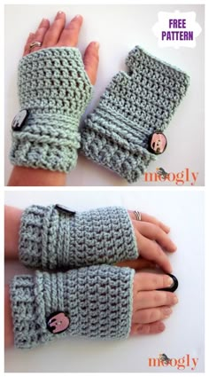 crocheted fingerless gloves with buttons are shown in two different pictures, one is green and the other is gray