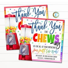 two thank you cards with candy machines on them