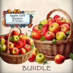 two wicker baskets filled with red and green apples next to a sign that says apple gift basket 20 images