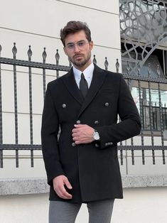 Bojoni Astoria Double Breasted Woolen Black Coat | BOJONI Black Coat Outfit, Double Breasted Overcoat, Shoe Care Kit, Exclusive Shoes, Men Formal, Mens Fashion Suits, Coat Outfits, Woolen Coat, Double Breasted Coat