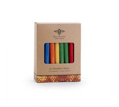 the box is filled with colored candles in it's packaging, which are lined up against