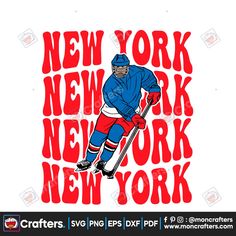 an image of a hockey player with the words new york in red, white and blue