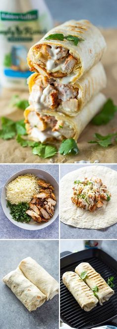 the process of making quesadilla wraps is shown in four different pictures, including one with meat and cheese