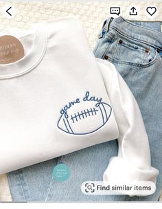 Cute Football Sweatshirts, Charger Football Game Outfit, Sweatshirt Designs Embroidery, Football Sweater Ideas, Sports Cricut Projects, Football Shirts For Women, Football Embroidered Sweatshirt, Trendy Embroidered Sweatshirt, Trending Sweatshirt Designs