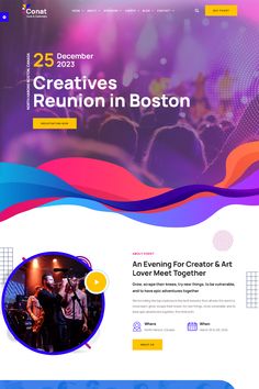 the website design for an event venue with colorful waves and bright colors, it is designed to