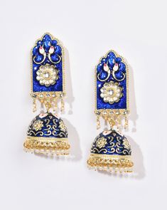 Earrings look super elegant and are a must-have in your jewellery collection. Irrespective of the fact whether they are long or short, they look completely gorgeous. Traditional Blue Danglers For Pierced Ears, Traditional Blue Danglers, Blue Latkan Earrings For Celebration, Blue Latkan Drop Earrings, Blue Latkans Earrings For Celebration, Blue Earrings With Latkans For Gift, Blue Drop Earrings With Latkans, Blue Dangle Earrings With Latkans, Blue Jhumkas For Festivals And Celebrations