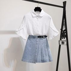 Fashion Blouse+denim Pleated Skirt P11509 Casual Pleated Relaxed Fit Blouse, Casual Pleated Short Sleeve Blouse, Casual Short Sleeve Pleated Blouse, Casual Pleated Tops For Day Out, Chic Summer Pleated Denim Skirt, Pleated Denim Mini Skirt For Summer, Summer Pleated Mini Denim Skirt, Summer Pleated Denim Mini Skirt, Summer Mini Pleated Denim Skirt