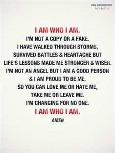 a poem written in red and black with the words i am who i am, i'm not a copy or a fake