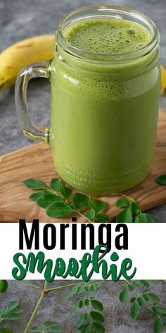 a green smoothie in a mason jar with the words morning smoothie on it