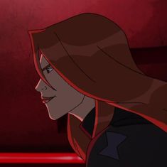 an animated woman with long hair in a red room looking off into the distance,