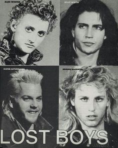 the lost boys poster is shown in black and white, with four different images on it