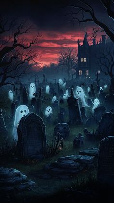 halloween graveyard with ghost heads and tombstones at night