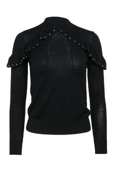 Current Boutique-Kate Spade - Black Ruffle Wool Sweater w/ Studs Sz XXS Winter Ruffle Top For Night Out, Ruffled Top For Night Out In Winter, Ruffled Tops For Winter Night Out, Black Ruffled Sweater For Winter, Gothic Winter Sweater, Black Ruffled Sweater For Spring, Sleeve Ruffles, Petite Fashion Tips, Wool Pullover