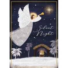 a christmas card with an angel in the night sky and stars above it, reading silent night