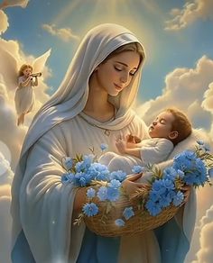 a painting of the virgin mary holding a baby jesus in her arms and surrounded by blue flowers