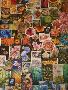 a wall covered in lots of different pictures and flowers on top of each other,