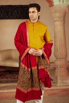 Maroon pashmina dushala with sozni embroidered panel, accentuated with a black broad border with sozni embroidery. - Aza Fashions Traditional Tussar Silk Sherwani For Eid, Traditional Pashmina Shawl With Pallu, Ceremonial Tussar Silk Kurta With Traditional Drape, Traditional Jamawar Salwar Kameez With Embroidered Border, Jamawar Salwar Kameez With Embroidered Border, Traditional Pashmina Dupatta For Ceremonial Use, Festive Unstitched Jamawar Suit With Embroidered Border, Traditional Pashmina Dupatta For Ceremonial Occasions, Ceremonial Tussar Silk Traditional Wear For Eid