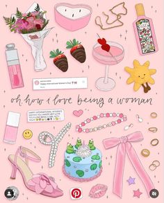 a pink card with various items on it and the words, if they love being a woman