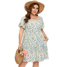 Plus Size Summer Dress Womens Plus Size Clothing Plus Size Square Neck Dress Ruffle Sleeve Flowy Dress with Pockets Pink Purple Flower 2XL Maternity Bodycon Dress, Plus Size Summer Dress, Plus Size Summer Dresses, A Line Maxi Dress, Target Clothes, Square Neck Dress, Mini Skater Dress, Clothing Plus Size, Plus Size Summer