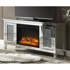 a tv stand with a fire in it