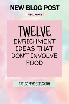 a pink square with the words twelve enrichment ideas that don't involve food