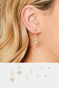 Moon And Star Design, Diamante Earrings, Curve Fashion, Moon And Star, Star Design, Gold Star, Fashion Fits, Star Designs, Star Earrings