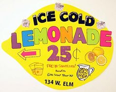 a yellow lemonade sign hanging from the side of a white wall with words on it