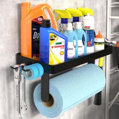 there is a shelf that has various cleaning products on it