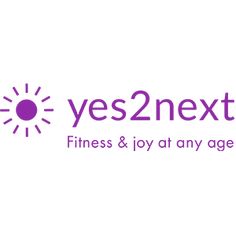 the logo for yes2next fitness and joy at any age, with sun above it