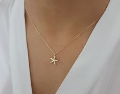 "\"Gold Sea Star Necklace | Minimal Design Rose Gold Ocean Starfish Necklace | Minimalist & Elegant Dainty Pendant | 14K Solid Gold\" Can be crafted as 14k Solid Rose Gold, 14k Solid Yellow Gold, 14k Solid White Gold M A T E R I A L S * If it is gold, yellow, rose and white are always options * All gold items are; high quality 14k solid gold * All silver items are; high quality .925 sterling silver P R O D U C T I O N * All of my products are handmade and crafted with care and love:) * I spe Yellow Gold Starfish Necklace As Gift, Dainty Starfish Charm Jewelry For Gift, Dainty Starfish Charm Jewelry Gift, Starfish Charm Pendant Jewelry For Gift, Starfish Charm Pendant Jewelry Gift, Minimalist Starfish Jewelry Gift, Starfish Shaped Jewelry With Star Charm As Gift, Dainty Starfish Necklace For Gift, Dainty Starfish Necklace As Gift