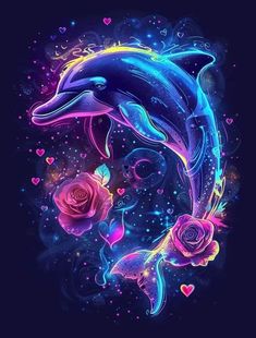 a dolphin and some roses on a black background