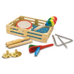 a wooden box filled with different types of toys and tools to make it easier for children to play