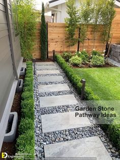 a garden stone pathway leads to the back yard